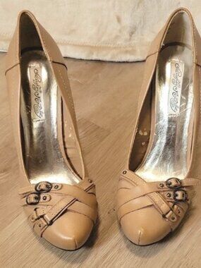 Tan High Heel Pumps with Decorative Toe Detail